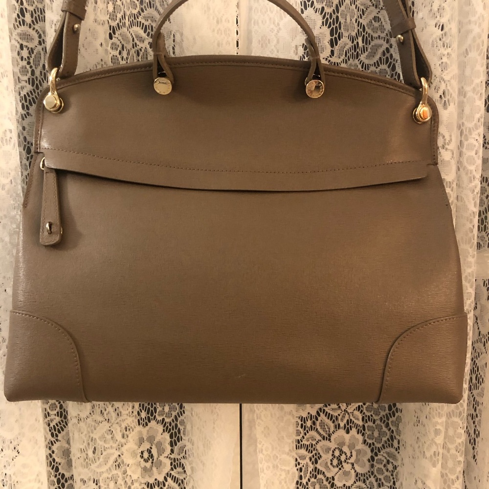 FURLA leather Piper Bag 14.5 X 11 in Taupe.